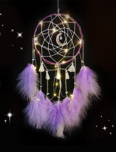 Nice Dream Púrpura Atrapasueños, atrapasueños Hecho a Mano con Plumas para Colgar en la Pared, Decoración de habitación Infantil para niñas y niños con Luces LED, decoración del hogar