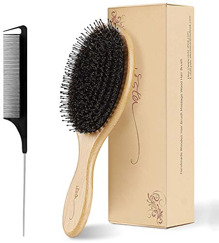 Boar Bristle Hair Brush Natural Bamboo Paddle Hairbrush with Tail Comb for Long Thick Curly Wavy Dry or Damaged Hair Round Hair Brush Adds Shine and Makes Hair Smooth Comb Set for Men, Women, Kids