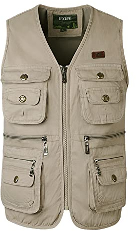 KTWOLEN Herren Angelweste Safari Weste Outdoor Jagdweste Fotografie Arbeitsweste Hundesport Weste mit Multi Taschen, Beige, L