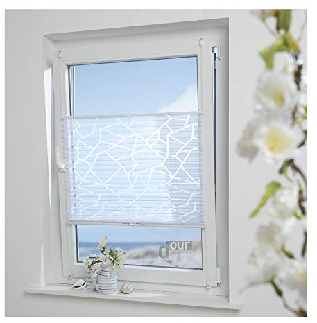 ourdeco® Plissee Ausbrenner / 90 x 130 cm (Breite x Höhe) / Farbe: weiß; lichtdurchlässig, Motiv Waitara-Grafik/Klemmen, Montage ohne zu Bohren, Klemmfix-Plissee, Easy-to-fix