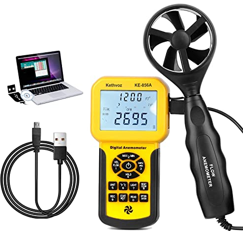 Anemometer CFM Air Flow Meter, Kethvoz HVAC Wind Speed Tester Industrial Airflow Data Logger Monitor Test Wind Velocity Measure Air Volume for AC Dust Collection System