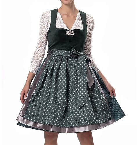Dirndlparty Dirndl Samt Damen, 60cm Midi Dunkelgrün Dirndl mit Doppellagige Schürze, Klassisch Knielang Grün Trachtenkleid Oktoberfest Bavarian