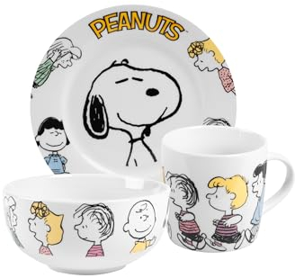 The Peanuts Snoopy Family Breakfast Set, 3-Piece Crockery Set, Plate, Bowl & Cup, Porcelain White