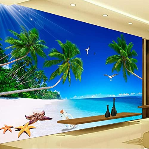 HAN MAN XIU Papier peint murale 3D autocollant pvc papier peint vue mer coquille de noix de coco paysage salon chambre décoration peinture murale