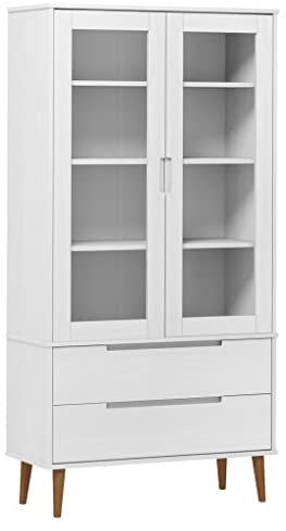 Hommdiy Vitrinenschrank MOLDEWohnzimmer Vitrine Weiß 90x35x175 cm Massivholz Kiefer