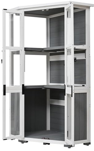 Outdoor Storage Shed, Wooden Storage Cabinet, Outdoor Tool Storage Shed with Waterproof Roof and Lockable Door for Backyard, Patio, Lawn, 63 Inch (Gray)