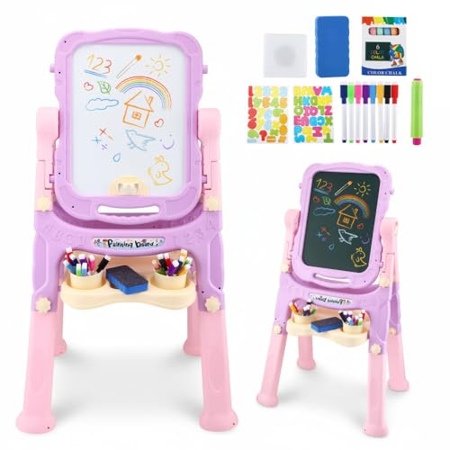 6 in 1 Kids Easel with Art Easel, Magic Whiteboard, Chalkboard, Watercolour Pens, Chalks, Number & Letter Magnetic Cards, Height Adjustable & 360° Rotatable Drawing Board for Children, Gift for Kids