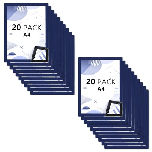 MIVIDE 20 stycken magnetram A4 självhäftande, magnetisk ram info-ram självhäftande med magnetisk stängning, A4 självhäftande magnetram blå för dokument, foton, affischer
