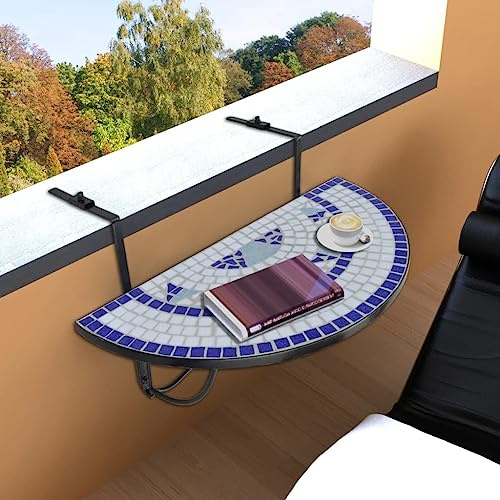 Nqyjm Tavolo da pranzo da esterno, tavolo da sospeso da balcone, blu e bianco mosaico per giardino, spiaggia, balcone, terrazza, campeggio