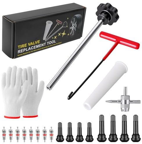 Hossom 24 Stück Reifenventil Werkzeug Set, 4 in 1 Reifenventil Abzieher Werkzeug & Reparatur Kit, autoreifen ventil Werkzeug Ventilschlüssel, Hilfswerkzeug mit Handschuhe für Auto, LKW, Motorrad