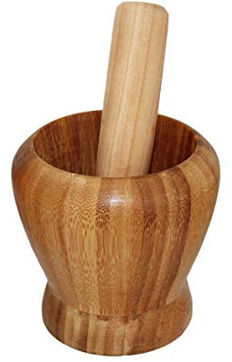 rukauf Mörser und Stößel aus Bambus-Holz, Zerkleinerer für Gewürze Kräuter usw. 10cm