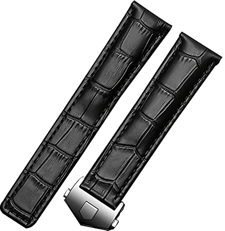 FOUUA Uhrenarmband Schwarzbraunes Echtleder-Uhrenarmband im Krokodil-Stil mit blauen Nähten für Tag Heuer Monaco & Targa Florio Modelle 19 mm 20 mm 22 mm