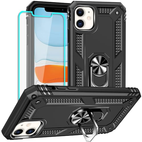 Yiakeng for iPhone 11 Phone Case, iPhone 11 Case with Screen Protector, Military Grade Protective Phone Cover with Ring Holder Kickstand for iPhone 11 (Black)