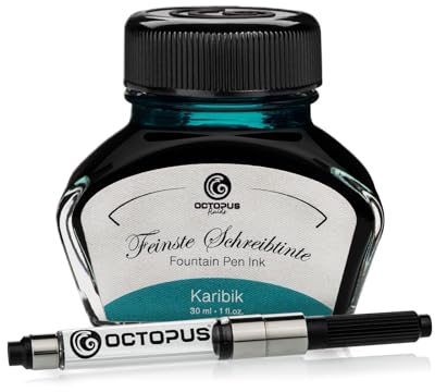 Octopus Fluids Füllhaltertinte im Tintenglas inklusive Konverter, Schreibtinte für Füllhalter, Füllertinte in Karibik 30ml mit Tintenkonverter