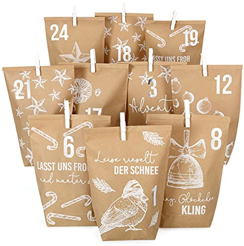 Papierdrachen Extravaganter Adventskalender zum Befüllen 2025 - mit 24 braunen Geschenktüten und 24 Zahlenaufklebern - Motiv White Christmas - zum Basteln und Verschenken - Weihnachten & Advent