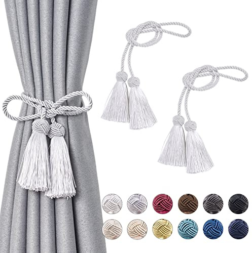 Pretty Jolly 2 Stück doppelte Quaste Vorhang Raffhalter handgemachte Seil Knoten drapieren Raffhalter Krawatte zurück Elegante dekorative Vorhanghalter für Haus & Büro Fenster Draperie (Silber Grau) | Europäisches geflochtenes Seil, dekorativ, für dünne und dicke Vorhänge, Fenster zu Hause und im Büro, 2 Stück, Silbergrau