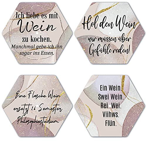 Interluxe LED Untersetzer Hexagon 4er Set - Ich Liebe es mit Wein zu Kochen - Vier leuchtende Design Untersetzer als Tischdeko, Geschenkidee, Wein, Kochen, Sprüche