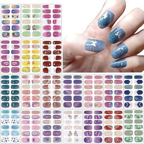 20 Sheets Full Wraps Nail Polish Stickers,3D Gradient Color Sticker Sheets, Self-Adhesive Gradient Color Full Nail with 6 Manicure Nail Files