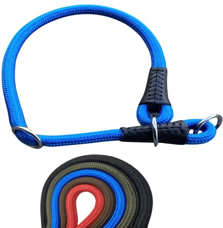 Soft Cord - Hundehalsband mit Zugbegrenzung, Nylon Halsung, Zugstopper, blau, M - 50cm, einstellbar, robust, wetterfest, innen textilverstärkt und Endkappen aus Leder