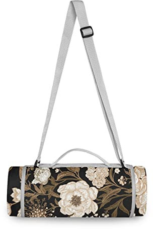 Pfingstrose Blumen Vintage Blume Picknickdecke wasserdicht Kreative Runde Picknick-Matte Kampierende Strand Yoga Decken Matten im Freien Faltbar Leicht Matte Decke mit Tragegriff(148cm x 148cm)