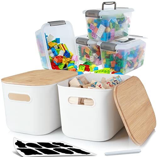 Citylife 6 PCS Storage Bins with Bamboo Lids Plastic Storage Containers for Organizing Stackable Storage Box with Handle