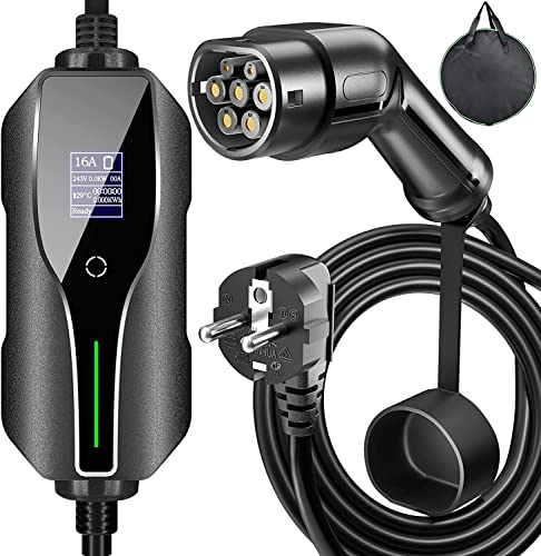 EV Ladegerät 7.5M Elektroauto Ladekabel Typ 2 Schuko mit Digitalem Display Steuerbar 6/8/10/13/16 A, 220-240 V, 3,68 kW Tragbares ladegerät für EV/PHEV Standard IEC 62196-2 Zimiking