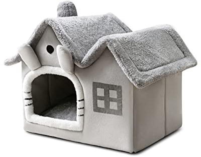 Galatée Katzenhöhlenbett, Warmes Und Gemütliches Plüsch-Katzen-Iglu, Waschbares Hundebett Mit Abnehmbarem Kissenkissen, Verbessert Den Schlaf, Faltbares Katzenhaus(S, Grau)