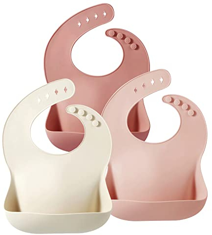 Panda Ear Baby silikonhaklappar för flickor | 3-pack småbarn haklappar baby matning haklapp | justerbar vattentät BPA-fri mjuk hållbar silikon babyhaklappar för att äta med stor ficka matfångare,