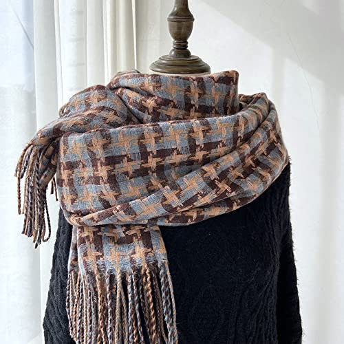 WLLDDDIU Schal Groß,Damen Schottenschal Cashmere Feel Warm Pashmina Schal Windmühle Karo Mit Quaste Blau Braun Wickelschal Winter Decken Schal Trendige Stola Schals Für Damen