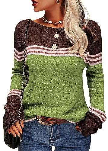 Tankaneo - Maglione da Donna, a Maniche Lunghe, Girocollo, Colorblock, a Righe, Slim Fit, Lavorato a Maglia, Top, Verde Militar, M