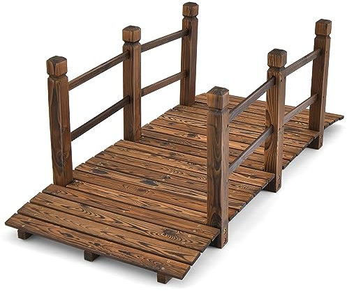 COSTWAY 1m/1.5m Wooden Garden Bridge, Decorative Pond Bridges with Safety Railings, Arc Stained Finished Outdoor Lawn Stream Walkway for Yard Patio (150x67x55cm, Brown, Straight Railings)