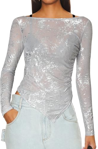 WLLW Women See Through Tops Sparkly Long Sleeve Boat Neck Mesh Top Sexy Sheer T-Shirt Layering Tops Clubwear (Silver, 2XL)
