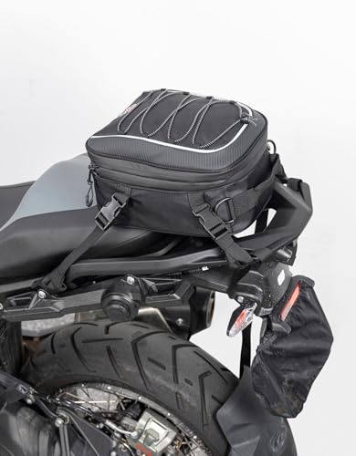 KEMIMOTO Motorcycle Tail Bag, Dual Use Motorcycle Rear Seat Bag with Waterproof Rain Cover, 7-14L Expandable Motorbike Small Bag Luggage Storage Backpack with 6 straps & 1 shoulder strap