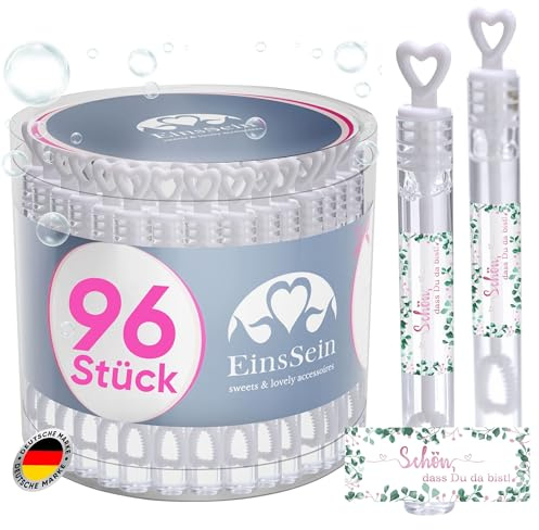 EinsSein Seifenblasen 96er Set | Reagenzglas mit Herzform mit rosa-grün „Schön, DASS du da bist“ Aufklebern | gebrauchsfertig fleckenfrei | perfekt für Hochzeit Taufe Geburtstag & Dekoration