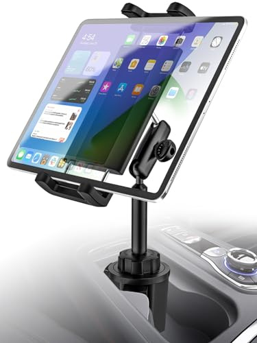 Kolasels Cup Holder Tablet Mount for Car [Anti-Shake Metal Arm] Heavy Duty iPad Cup Holder Mount for Truck, Tesla, Vehicle, for iPad Pro 12.9 Air Mini Galaxy Z Fold iPhone, 4-13'' Cell Phone Tablets