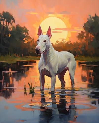 ZMHZMY Malen nach Zahlen Erwachsene,Bullterrier-Hund,Bauernhof-Dämmerungslandschaft,DIY Malen nach Zahlen für Erwachsene, Malset mit Leinwand und Pinsel,40 x 50 cm,Rahmenlos