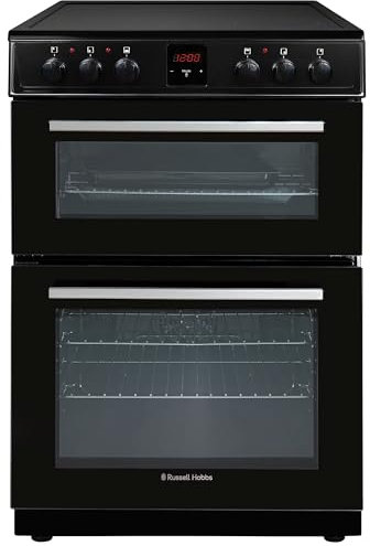 Russell Hobbs Electric Cooker 3 in 1 68L/37L Split Black Double Oven with 3 Shelves, Full-Size Grill Pan, 4 Zone Ceramic Hob, Energy Efficient, Up to 2 Years Guarantee, RH60EDOEH6011B