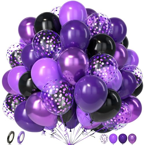 Unisun Luftballons Schwarz Lila, 50 Stück Latex Ballons Schwarz Dunkellila Metall Violett Konfetti Luftballon Junge Männer Kind Geburtstag Jubiläum Hochzeit Verlobung Brautparty Halloween Dekoration
