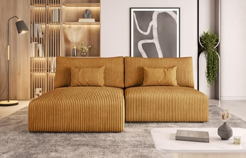 Easy4You Senf Ecksofa Senf Kord in L-Form 210x69x152 cm mit Schlaffunktion und Bettzeugbehälter - Schlafsofa mit Bettkasten - Eckcouch mit Stauraum - Stoff: POSO 42