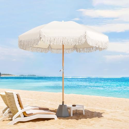 Parasol de plage Parasol de table extérieur blanc Parasol de plage de 6 pieds avec frange Parasol de patio portable UPF50 + Parasol de piscine avec parapluie de marché inclinable Parapluie de cour im