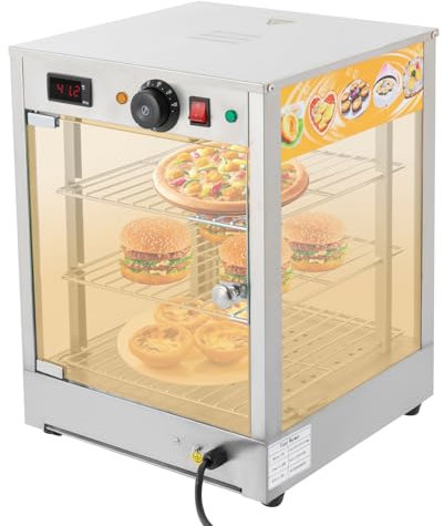Fermoirper Elektrischer Warmhaltevitrine Kommerzieller 3-Etagen Heiße Theke Warmhaltevitrine Wärmetheke Edelstahl 86-185°F für Aufbewahrung Pizzen, Torten, Brathähnchen,Burgern, usw 220V 800W