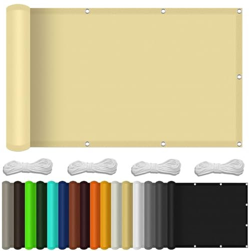 Balcon Privacidad 130 x 750 cm Resistiente Al Viento y Polvo Revestimiento para Balcón con Ojales Cuerda para Balcón Exterior de Jardín Terraza, Color Crema