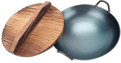 BGFYUSF Olla de Hierro Mini Wok Cocina Accesorios Mini Wok fundidos más Utensilios de Cocina con Tapa de Madera，D-10cm