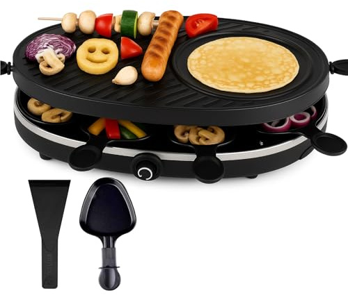 Appareil à raclette ovale pour 8 personnes - Avec plaque de cuisson et fonction crêpes - Barbecue de table avec poêlons et grattoir