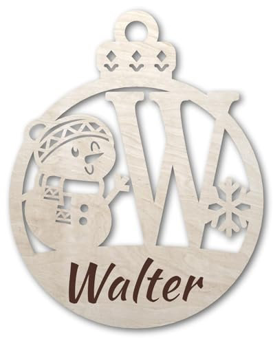 Urhome Weihnachtskugel personalisiert mit Wunschtext Gravur Buchstabe W mit Schneeman Motiv Hell Braun - Ornament Christbaumschmuck Weihnachtsdeko Weihnachtsbaum Anhänger aus 6,5mm Holz