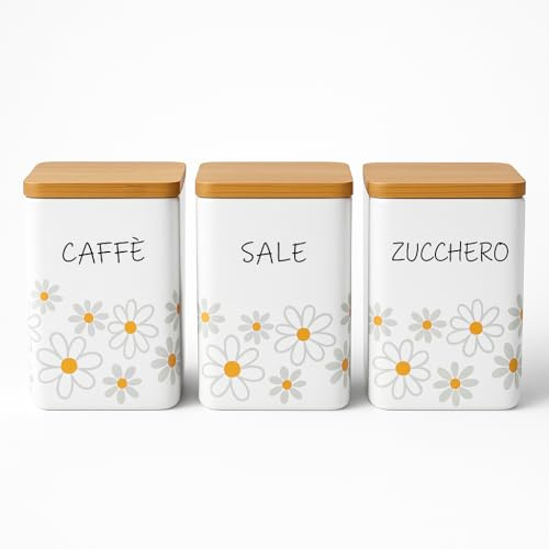 MECSAL CASALINGHI Set 3 Barattoli Decorati Contenitori, Tris Sale Zucchero Caffè, in Ceramica Tondi, con Tappo in Legno, Stile Shabby (1, Quadrato Daisy)