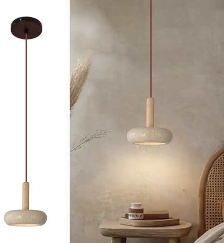 JIANTLAIUS Japanese Wabi-sabi Style Pendant Light with Round Natural Stone Shade Nordic Wood Chandelier Bedroom Bedside Light 12W for Living Dining Room Table Ceiling Hanging Lamp
