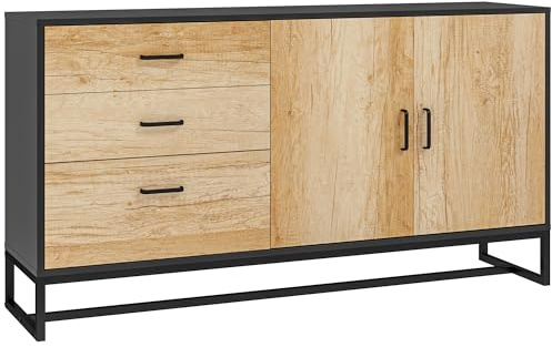 HOMCOM Buffet mit Schrank Naturholz | 3 Schubladen, verstellbares Regal, 140x35x75 cm, Stahlbeine, Aluminiumlegierungsgriffe