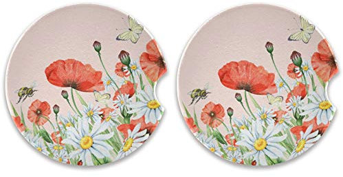 Posavasos de cerámica absorbente con base de corcho para portavasos y bebidas, diseño de flores silvestres con amapolas y mariposas, 2 unidades
