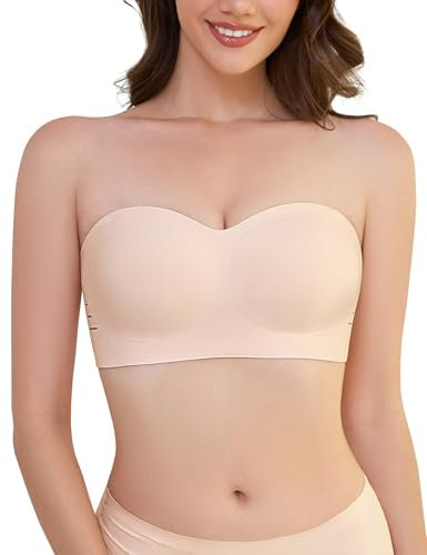 Lonya Strapless Bra for Women Seamless Support Wireless Bandeau Top Full Coverag Invisible Bralettes Anti-Slip Bra Light Beige,L